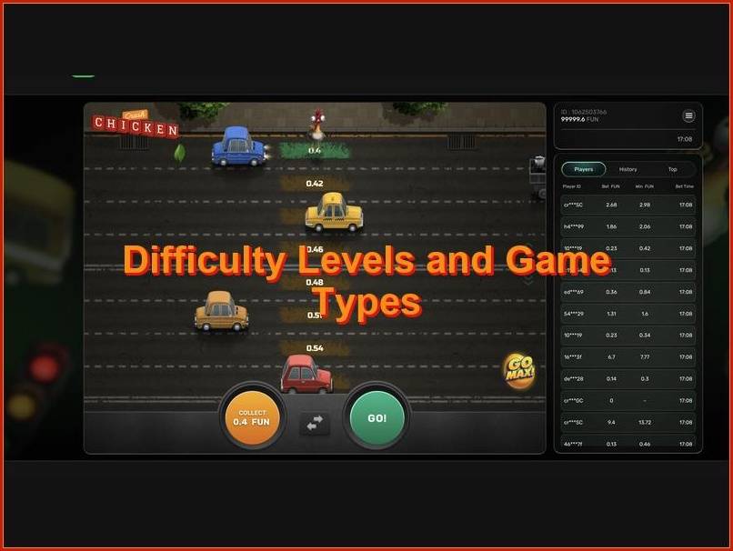 Opções de risco e níveis de dificuldade no Chicken Crash